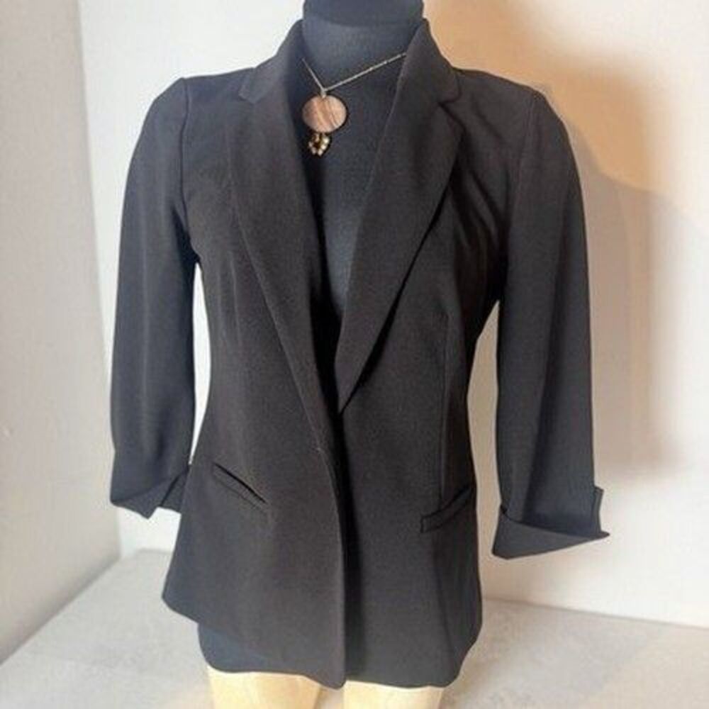 NYCC York Co Blazer Jacket Womens S Black Open Front 3/4 Sleeve Stretch Y2K 80s